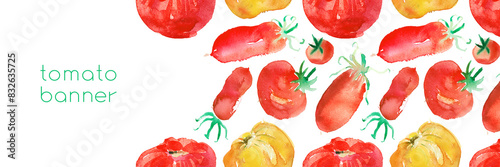Obraz  z motywem Tomato banner background for pasta packaging design, juice label, banner vegan food. Watercolor seamless pattern with red and yellow tomatoes on white backdrop.