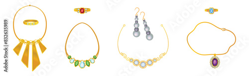 Golden Precious Jewelry with Necklace, Ring and Earring with Gem Vector Set