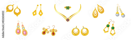 Golden Precious Jewelry with Necklace, Ring and Earring with Gem Vector Set
