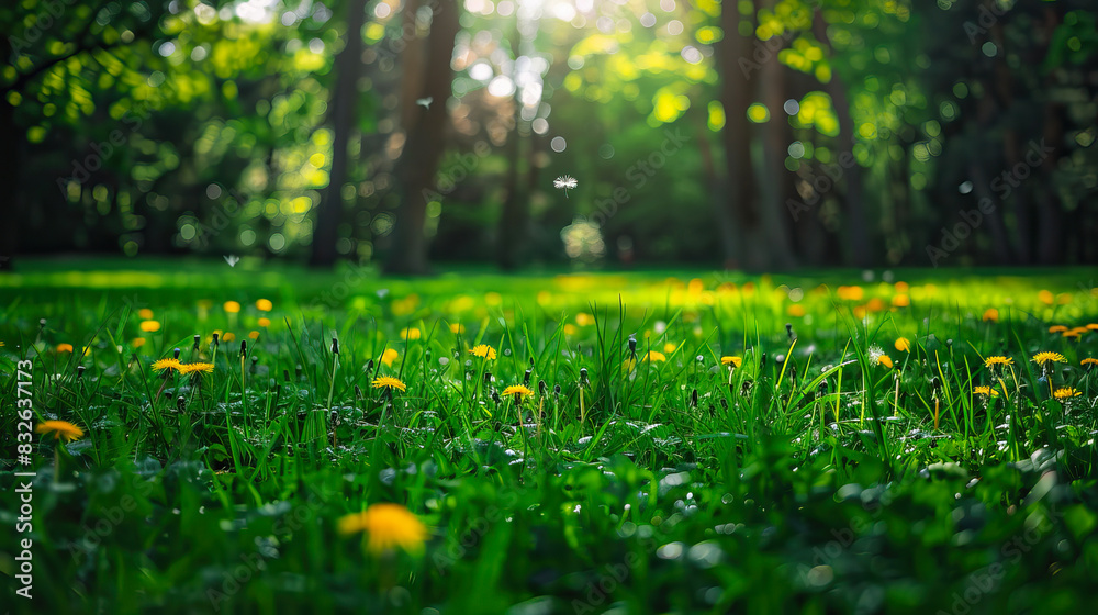 Fototapeta premium Landscape with young lush green grass and blooming dandelions against the background of trees in the garden. Beautiful spring natural background.
