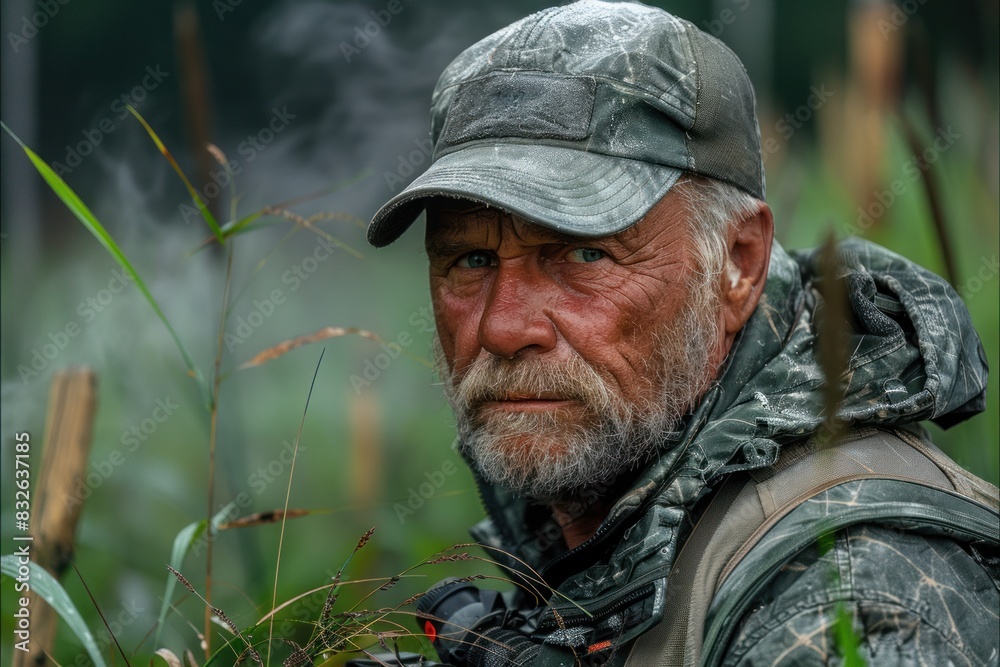 Fototapeta premium A rugged fisherman pauses in dense foliage, gazing intently, gear ready for action