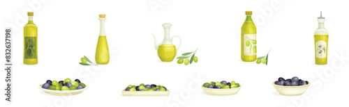 Olives with Oil Glass Bottle and Branch Vector Set