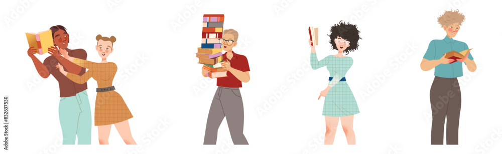 Bookcrossing with Happy Man and Woman Character with Borrowed Paper Book Vector Illustration Set Bookcrossing with Happy Man and Woman Character with Borrowed Paper Book Vector Illustration Set