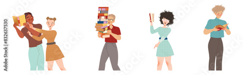 Bookcrossing with Happy Man and Woman Character with Borrowed Paper Book Vector Illustration Set