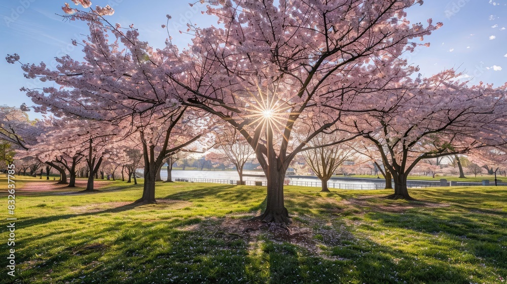 A picturesque scene of cherry blossoms in full bloom with the sun shining through the branches. The trees are in a park setting with a body of water in the background. A picturesque scene of cherry blossoms in full bloom with the sun shining through the branches. The trees are in a park setting with a body of water in the background.