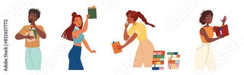 Bookcrossing with Happy Man and Woman Character with Borrowed Paper Book Vector Illustration Set