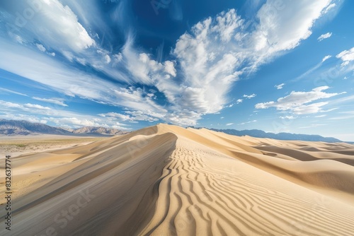 A panoramic view of sand dunes under a vibrant blue sky with dramatic clouds.