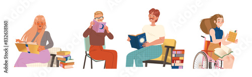 Bookcrossing with Happy Man and Woman Character with Borrowed Paper Book Vector Illustration Set