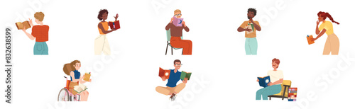 Bookcrossing with Happy Man and Woman Character with Borrowed Paper Book Vector Illustration Set