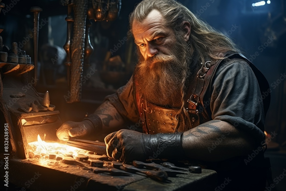 A dwarven blacksmith, renowned for skill in crafting legendary weapons and armor. - Generative AI A dwarven blacksmith, renowned for skill in crafting legendary weapons and armor. - Generative AI