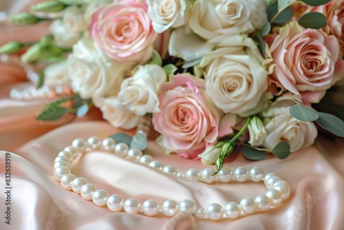 Bouquet of flowers and pearl necklace