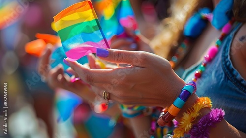 A woman is holding a rainbow flag and wearing a colorful bracelet