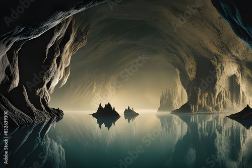 The watery plane of a massive cave lake resides in the depths of an age-old, forgotten grotto. photo