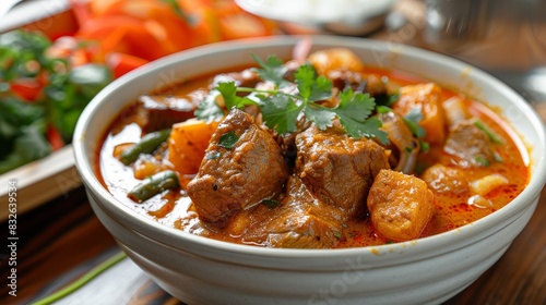 A bowl of beef stew with green herbs on top