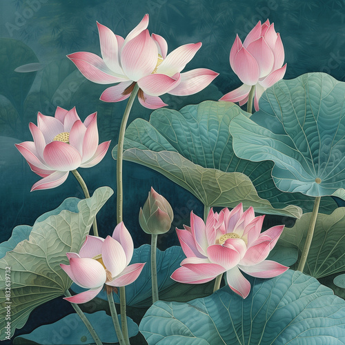 Amidst the tranquil embrace of a rippling pond  a delicate lotus flower unfurls its petals  basking in the gentle caress of sunlight filtering through the foliage above. 