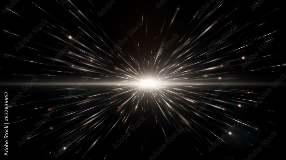 Fototapeta premium Radiant Burst: Flash light and lens flare shine on black.