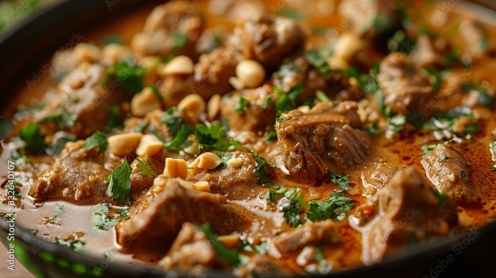 A bowl of beef stew with a lot of peanuts and parsley A bowl of beef stew with a lot of peanuts and parsley