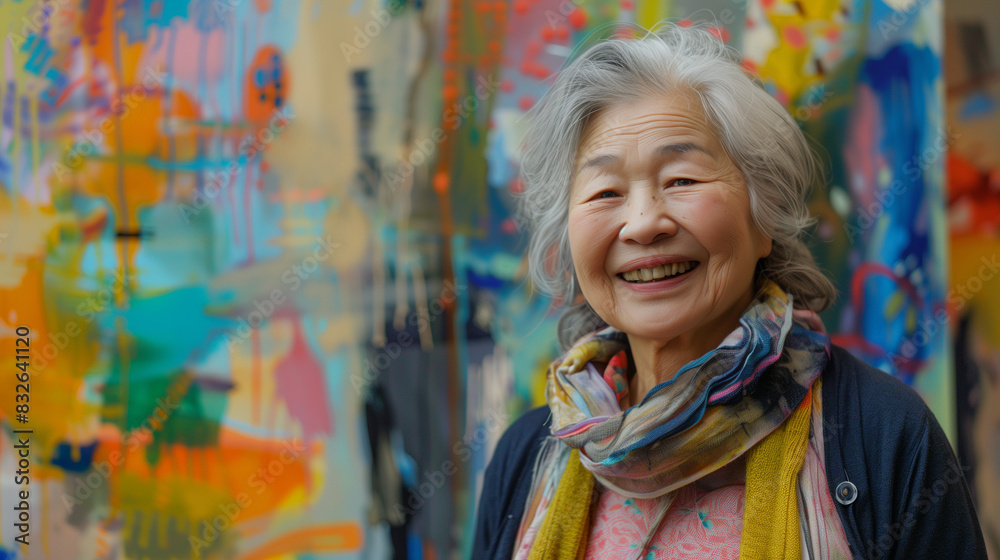 portrait of happy smiling senior Asian woman artist standing in front of her painting