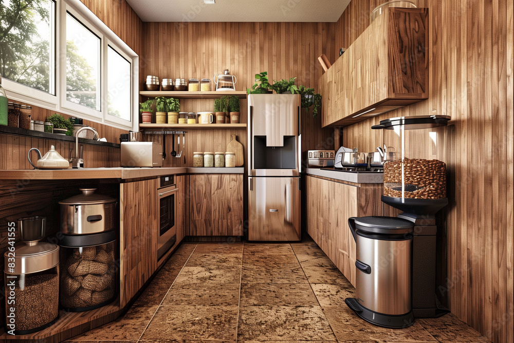 Fototapeta premium Eco-Friendly 3D Kitchen Rendering: Modern Design with Energy-Efficient Appliances and Compost Bin