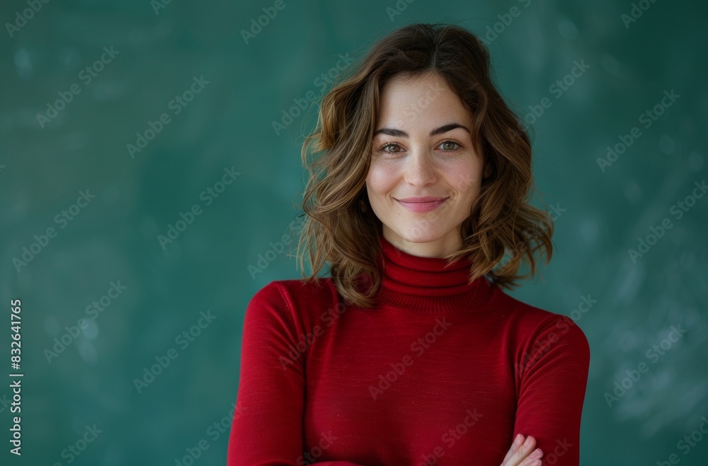 A portrait of an attractive woman in red turtleneck, smiling and looking at the camera, standing against green background, full body shot, professional photography, professional color grading A portrait of an attractive woman in red turtleneck, smiling and looking at the camera, standing against green background, full body shot, professional photography, professional color grading