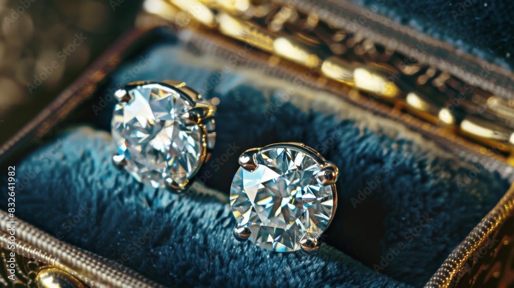 A pair of diamond earrings sparkling in a velvet jewelry box, waiting to adorn their wearer