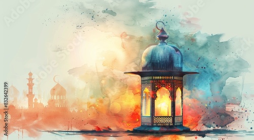 Arabic lantern, Ramadan kareem background white background, watercolor style. text 2025 