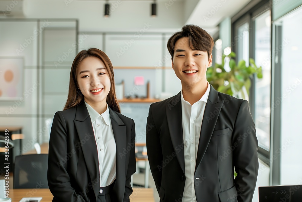 Happy Korean couple in black suits standing in office Happy Korean couple in black suits standing in office