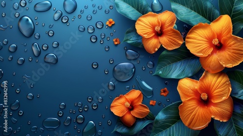 Orange Flowers and Green Leaves on Blue Background