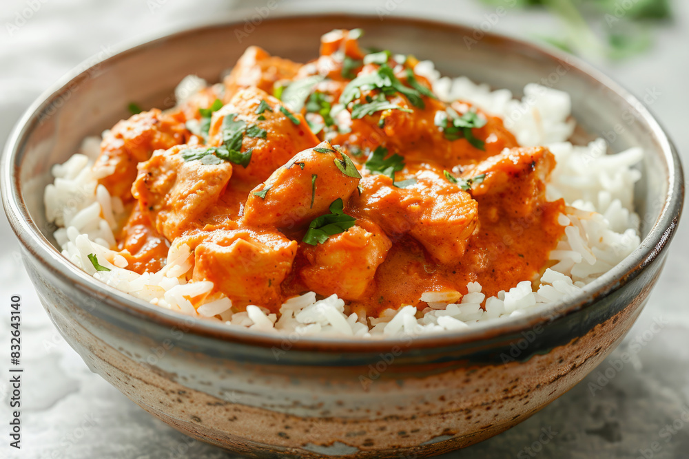 Tikka masala curry chicken served over rice in bowl on table. Traditional Indian food Tikka masala curry chicken served over rice in bowl on table. Traditional Indian food