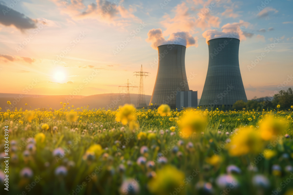 Smoking nuclear power plant pipes in summer field. Environmental pollution due to the development of nuclear energy