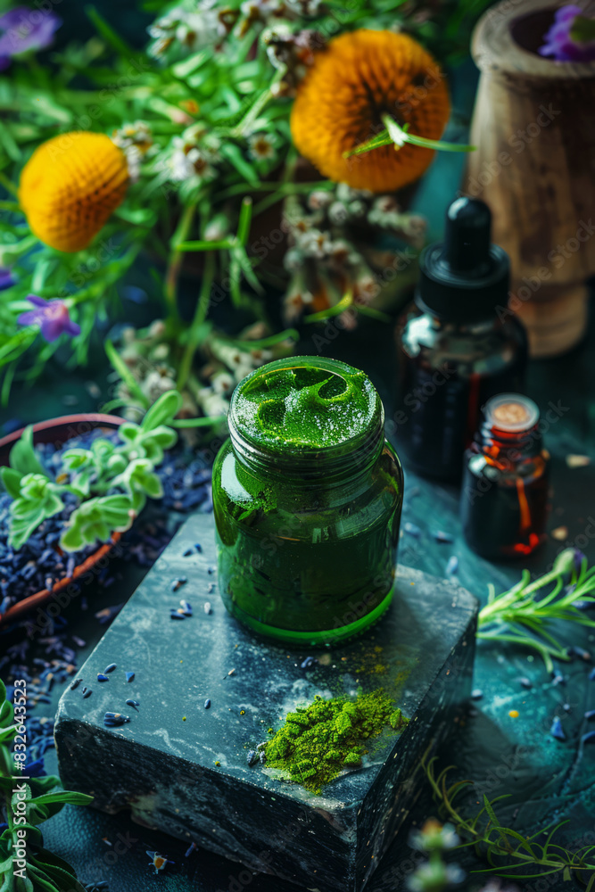 Herbal skincare cream on stone pedestal surrounded by greenery and small white flowers. Natural and organic beauty product. Herbal skincare cream on stone pedestal surrounded by greenery and small white flowers. Natural and organic beauty product.