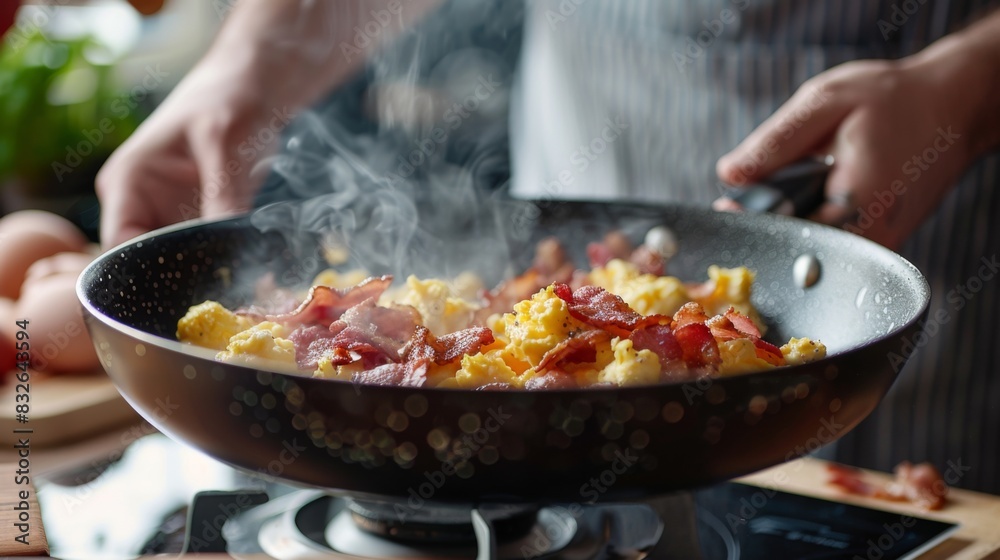 A person preparing a hearty breakfast of scrambled eggs and bacon in a non-stick frying pan A person preparing a hearty breakfast of scrambled eggs and bacon in a non-stick frying pan