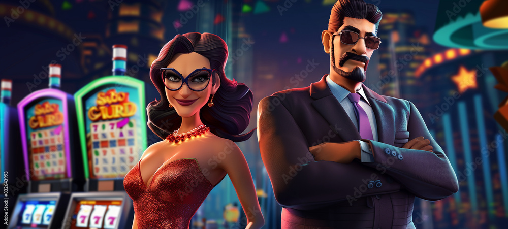Fototapeta premium Two casino characters, a man and a woman, standing in front of the slot machine