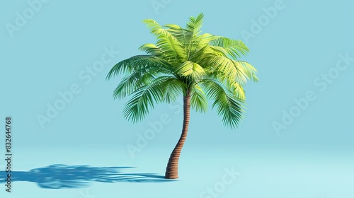 island paradise: lush green palm tree on blue backdrop.