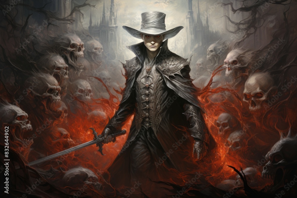 A vampire hunter, wielding a silvered blade and devoted to eradicating undead creatures. - Generative AI A vampire hunter, wielding a silvered blade and devoted to eradicating undead creatures. - Generative AI