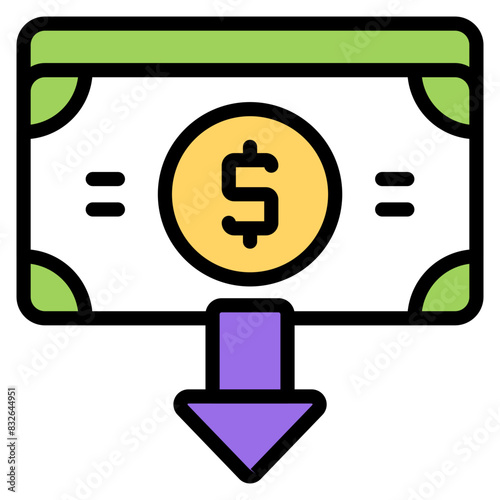 A colored design icon of dollar value down

