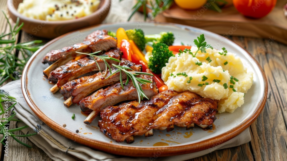 A plate of grilled pork spare ribs served with mashed potatoes and steamed vegetables, on a rustic wooden table A plate of grilled pork spare ribs served with mashed potatoes and steamed vegetables, on a rustic wooden table
