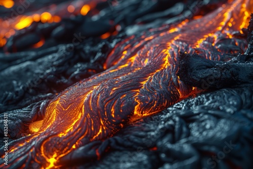 Close up of lava flow, texture, macro photography, in the style of National Geographic photo 