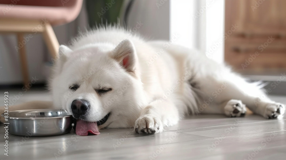 Heat stroke Samoyed dog in summer stick out your tongue on the floor with ice bowl. Heat stroke Samoyed dog in summer stick out your tongue on the floor with ice bowl.
