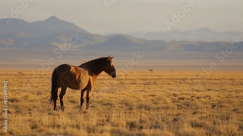 A beautiful wild horse stands alone in the middle of a vast  empty field.