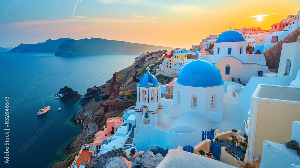 Obraz premium Majestic Sunset Casting Golden Glow on Blue and White Buildings