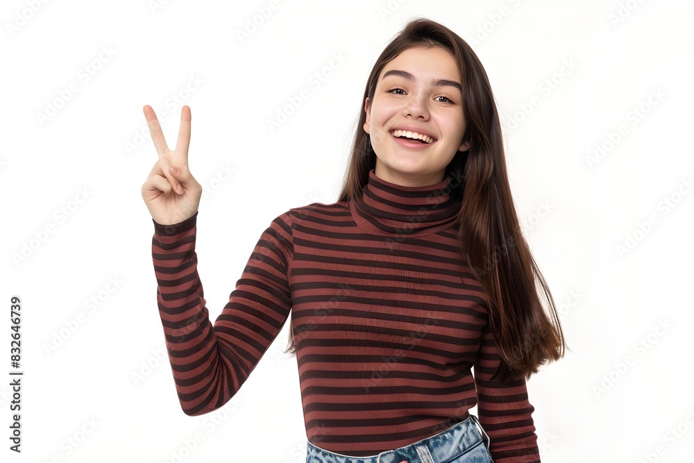 Happy young woman in striped turtleneck posing with peace sign. Casual fashion portrait on white background. Modern lifestyle representation. Generative AI Happy young woman in striped turtleneck posing with peace sign. Casual fashion portrait on white background. Modern lifestyle representation. Generative AI
