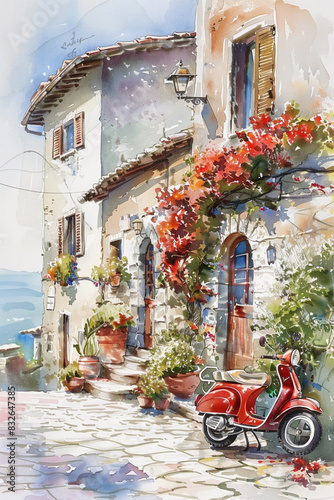Charming Italian scene featuring a vintage red moped  water color painting
