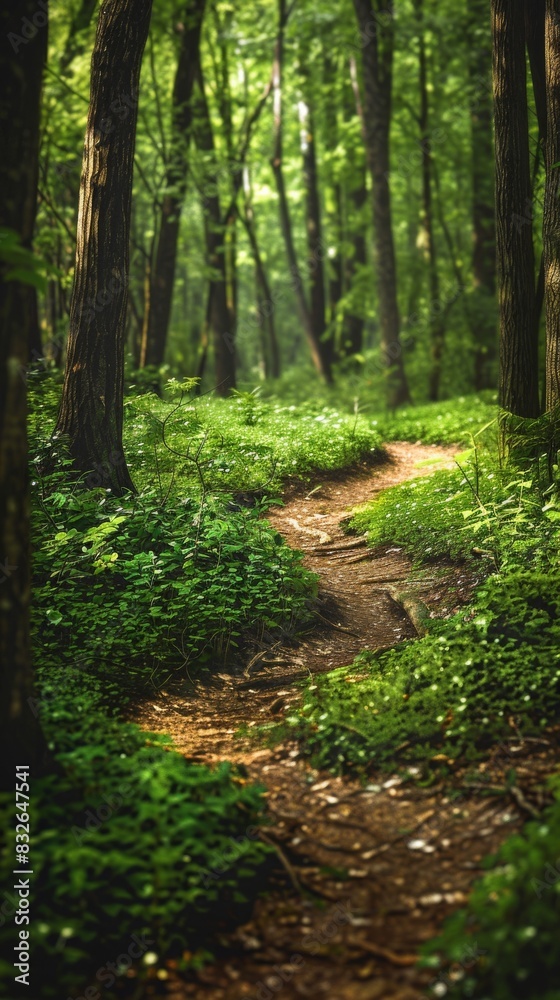 Serene forest pathway in sunlight Serene forest pathway in sunlight