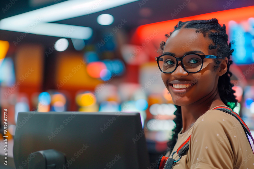 Positive female cashier working in cinema and looking at camera. Positive female cashier working in cinema and looking at camera.