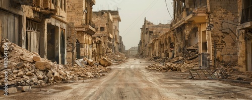Desolate war-torn city street in ruins photo