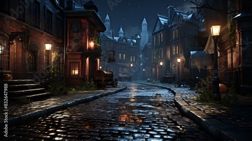 Rain-Soaked Cobblestone Street  Reflective surfaces with puddles  vintage street lamps  and old brick buildings.