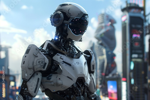 A futuristic robot donned in a sleek, high-tech exosuit, with a determined expression, standing amidst a high-tech cityscape.