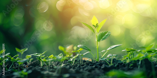 A small green plant sprouting from the ground, surrounded by sunlight and a green bokeh background