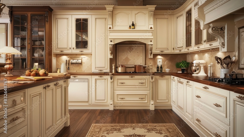 a traditional kitchen with cream-colored cabinetry and rich walnut accents, evoking a sense of timeless beauty and craftsmanship. a traditional kitchen with cream-colored cabinetry and rich walnut accents, evoking a sense of timeless beauty and craftsmanship.